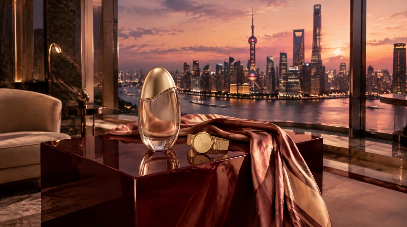 Fragrance, a gold watch and silk on burgundy lacquer before the Shanghai skyline at dusk