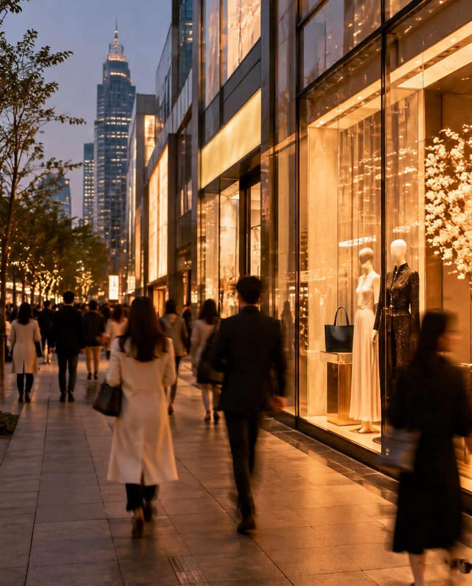 Evening shoppers along a luxury retail street in Shanghai