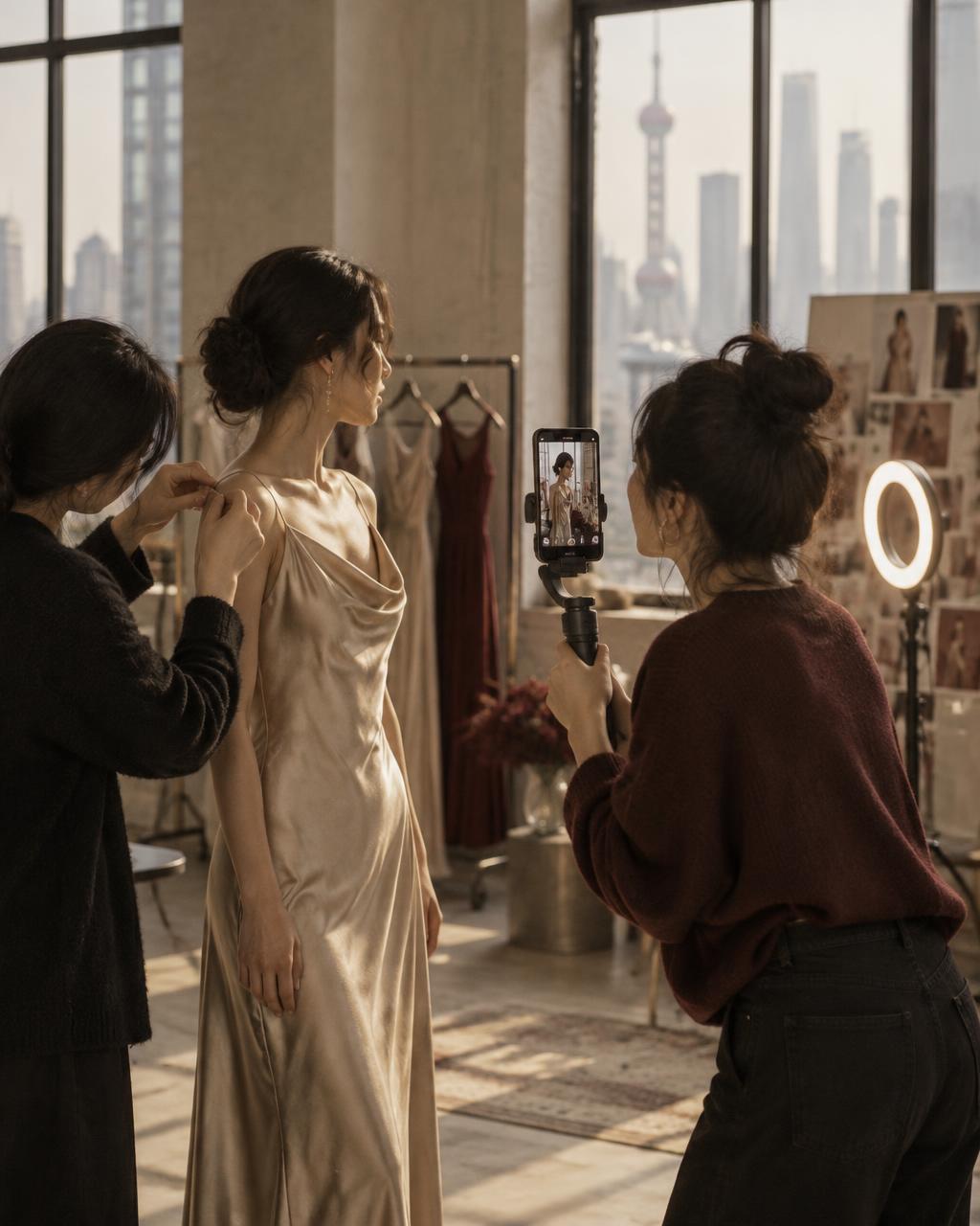 A creator films a performer being styled during a brand collaboration
